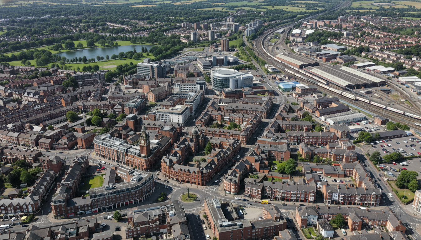 Crewe, UK - aerial view showing the town center and local architecture