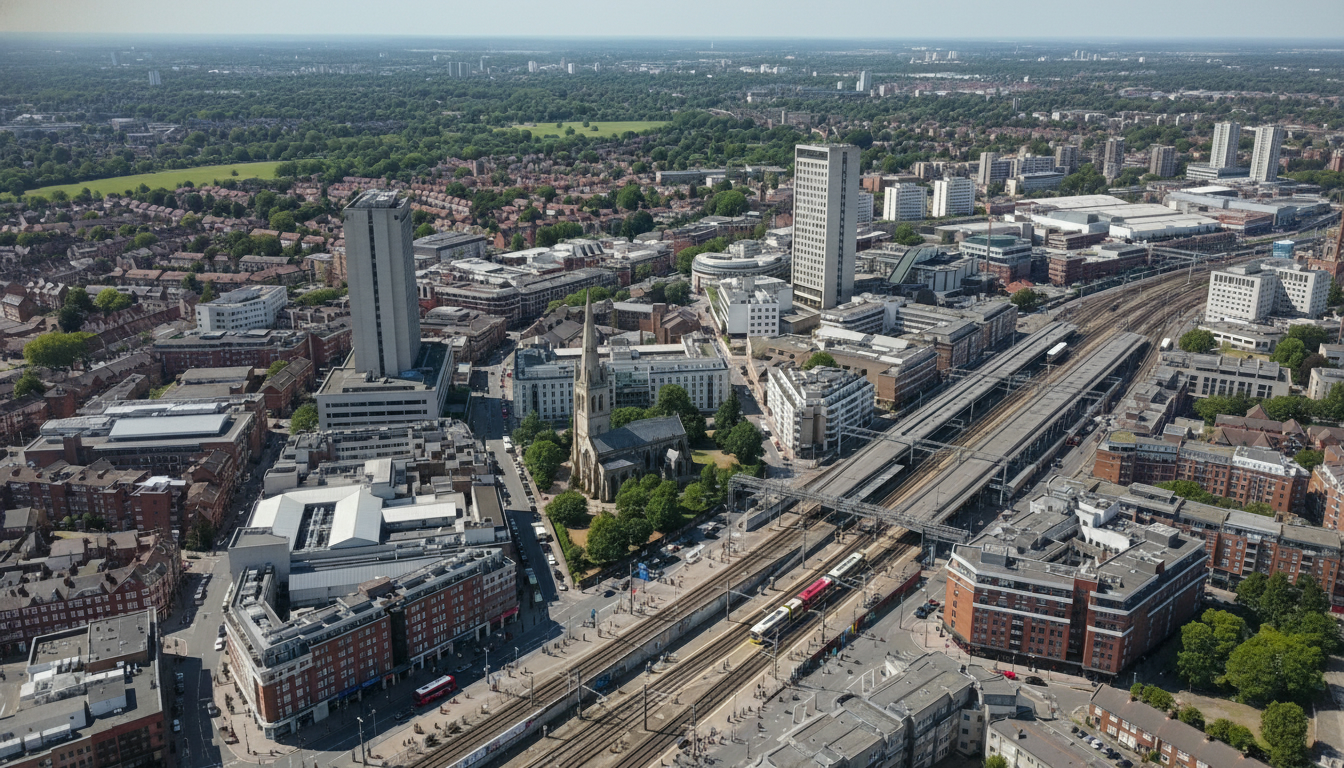 Croydon, UK - aerial view showing the town center and local architecture