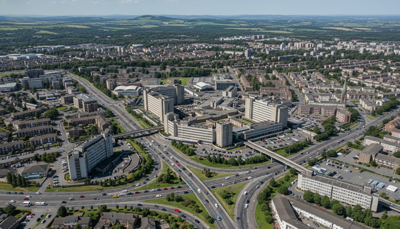 Cumbernauld, UK - aerial view showing the town center and local architecture