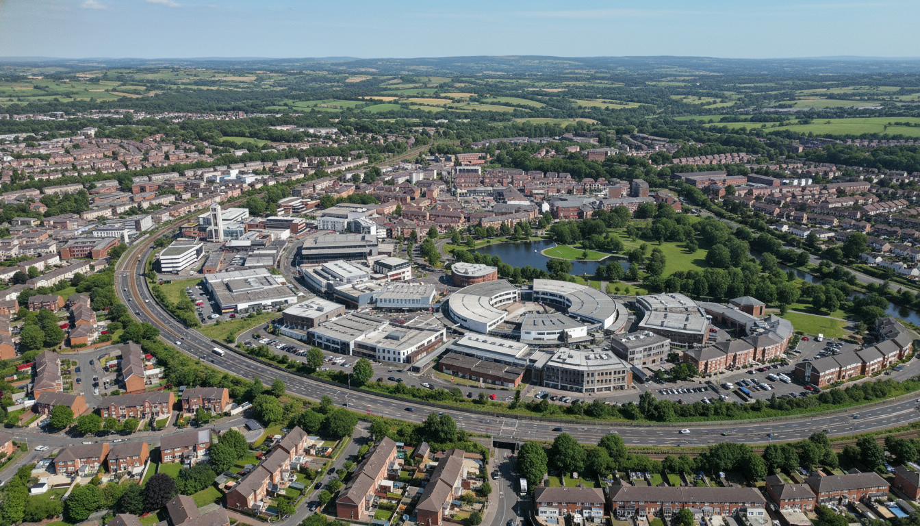Cwmbran, UK - aerial view showing the town center and local architecture