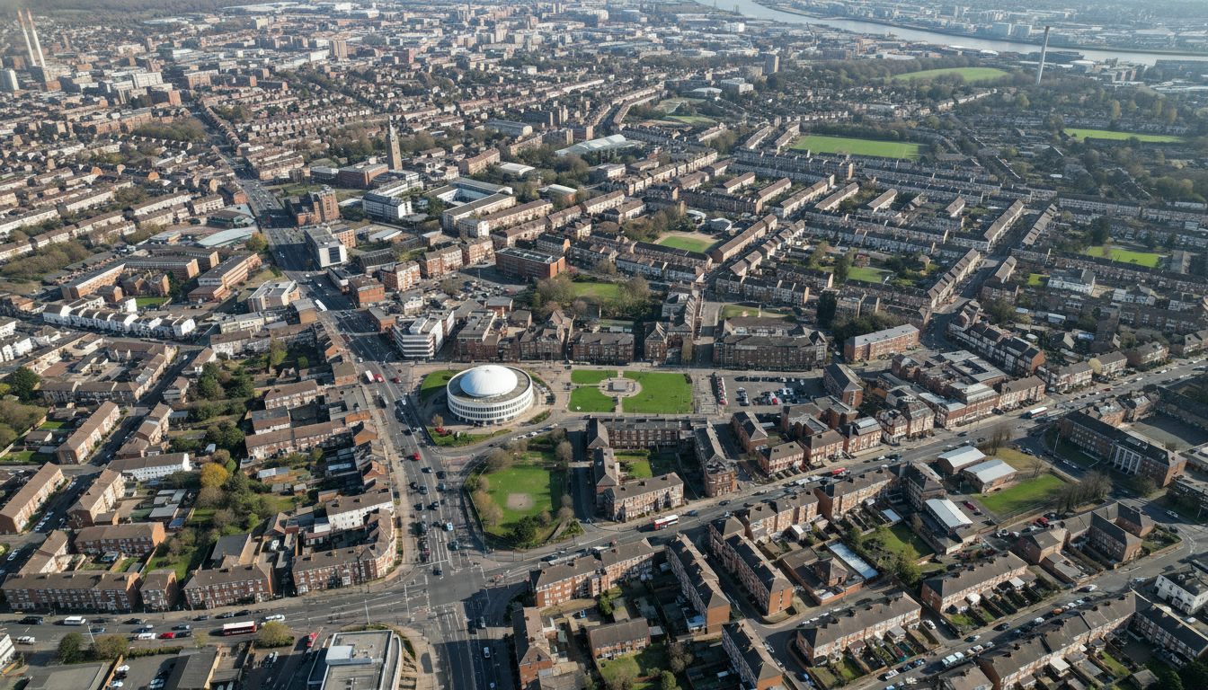 Dagenham, UK - aerial view showing the town center and local architecture
