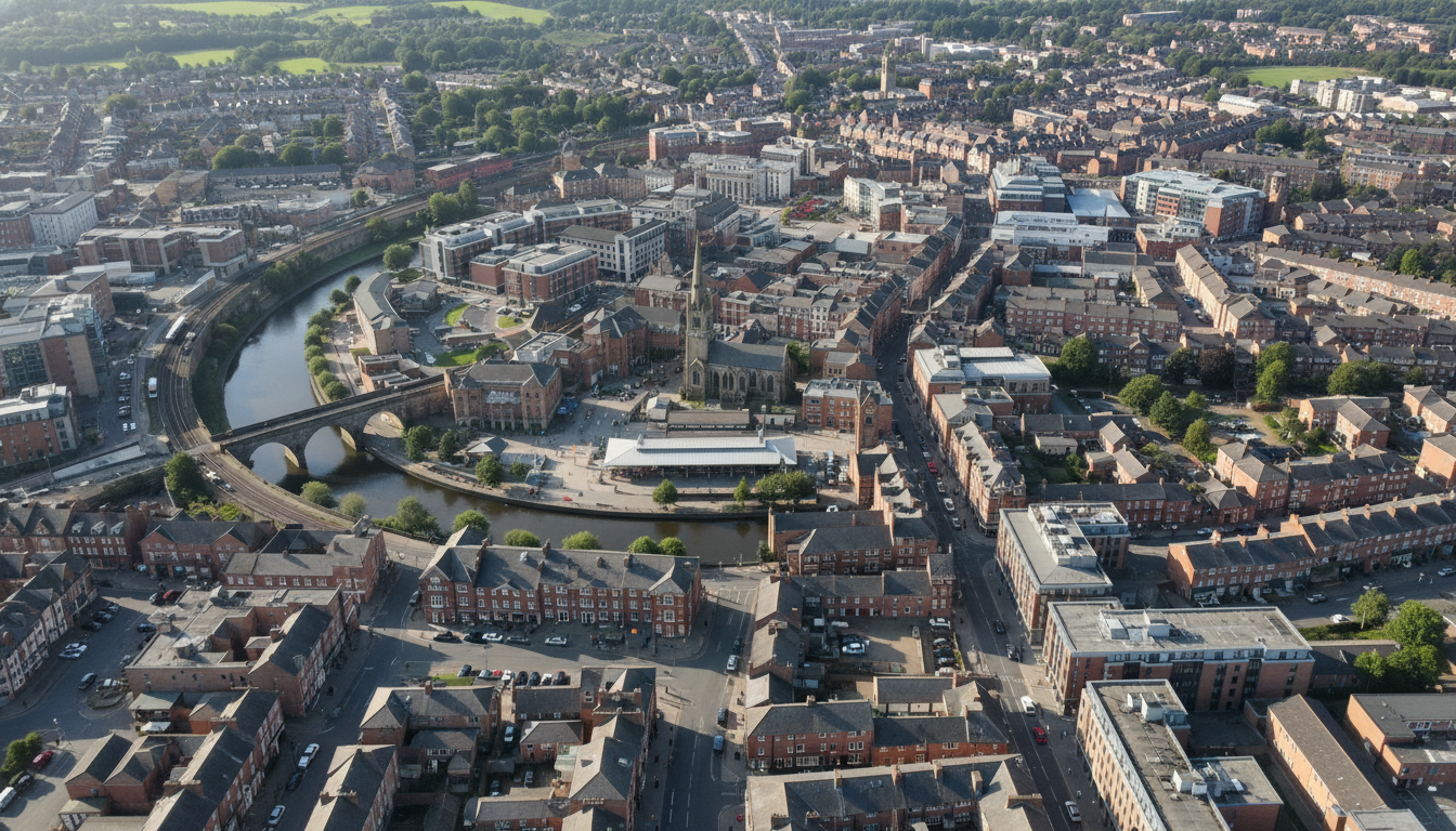 Darlington, UK - aerial view showing the town center and local architecture