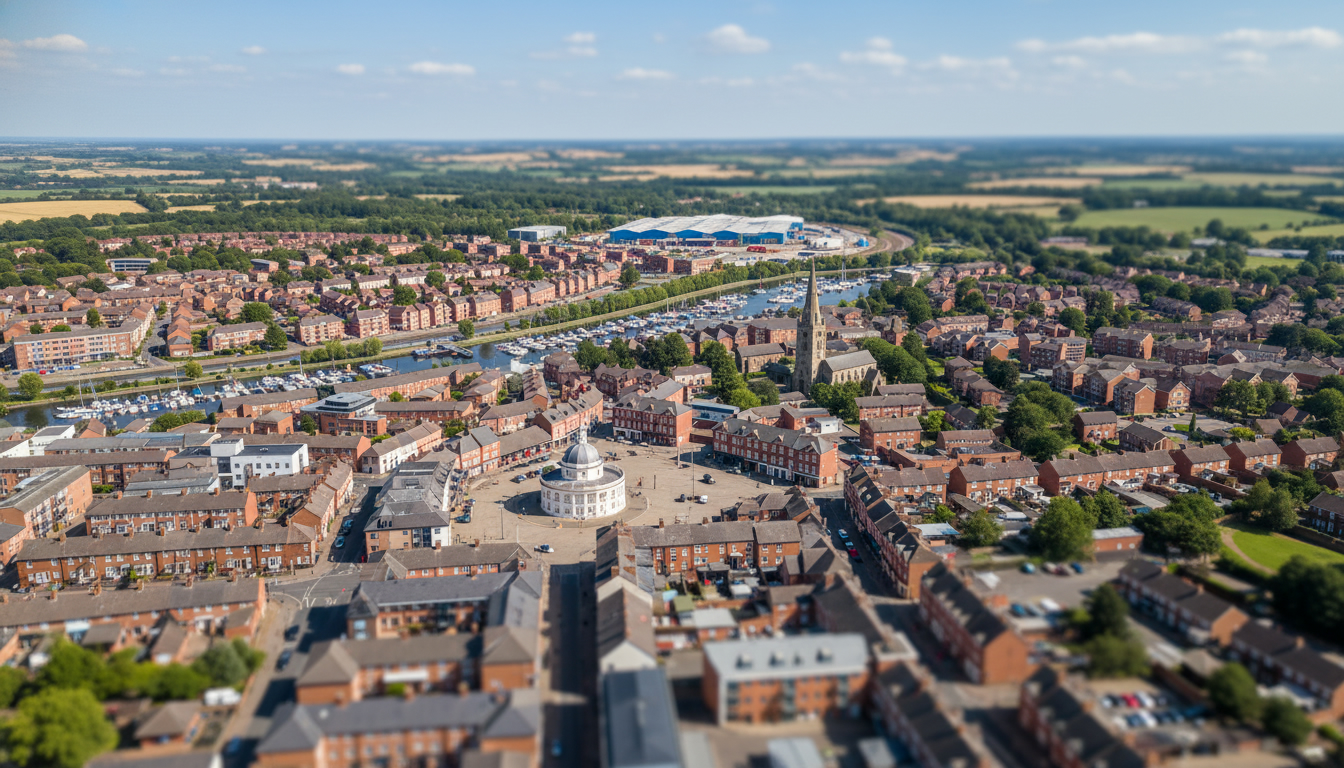 Daventry, UK - aerial view showing the town center and local architecture