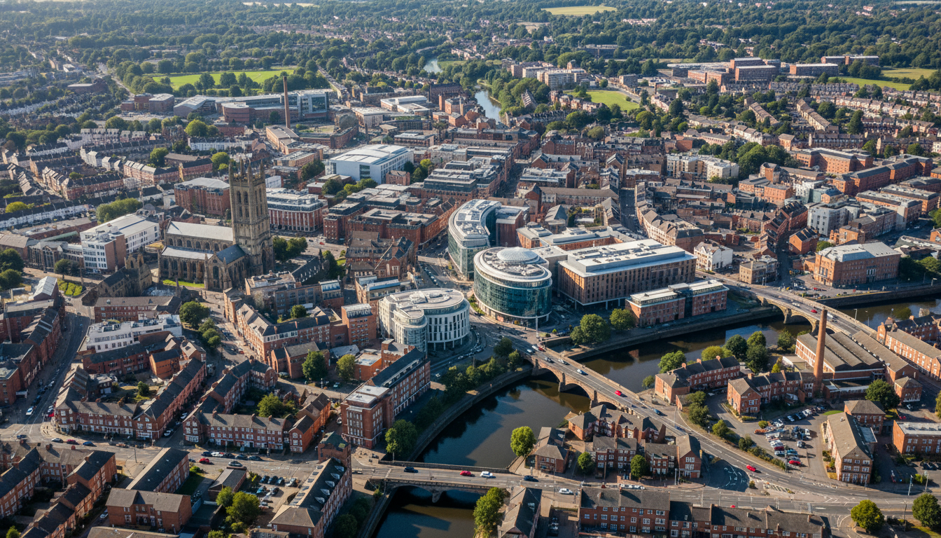 Derby, UK - aerial view showing the town center and local architecture