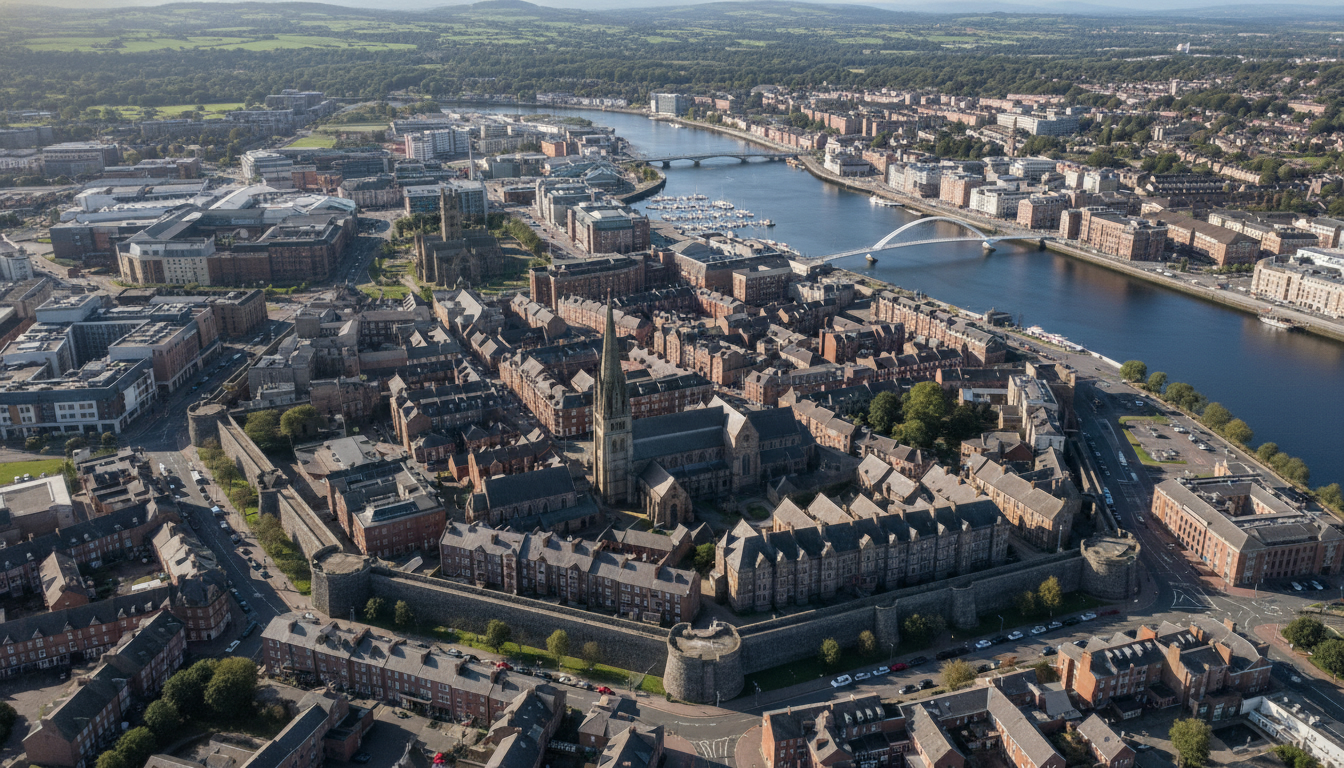 Derry, UK - aerial view showing the town center and local architecture