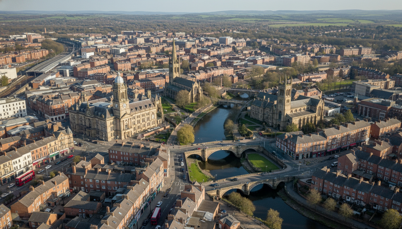 Dewsbury, UK - aerial view showing the town center and local architecture