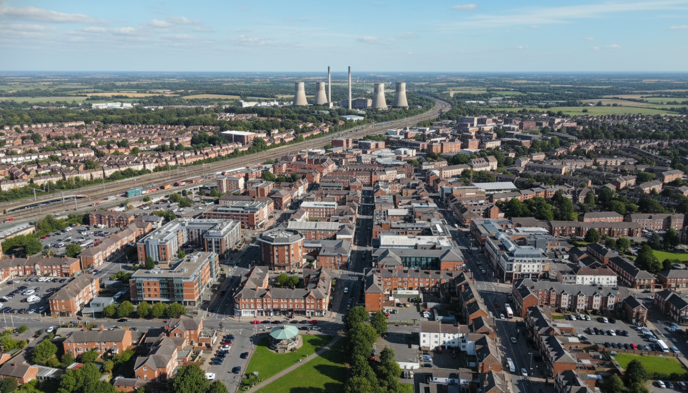 Didcot, UK - aerial view showing the town center and local architecture
