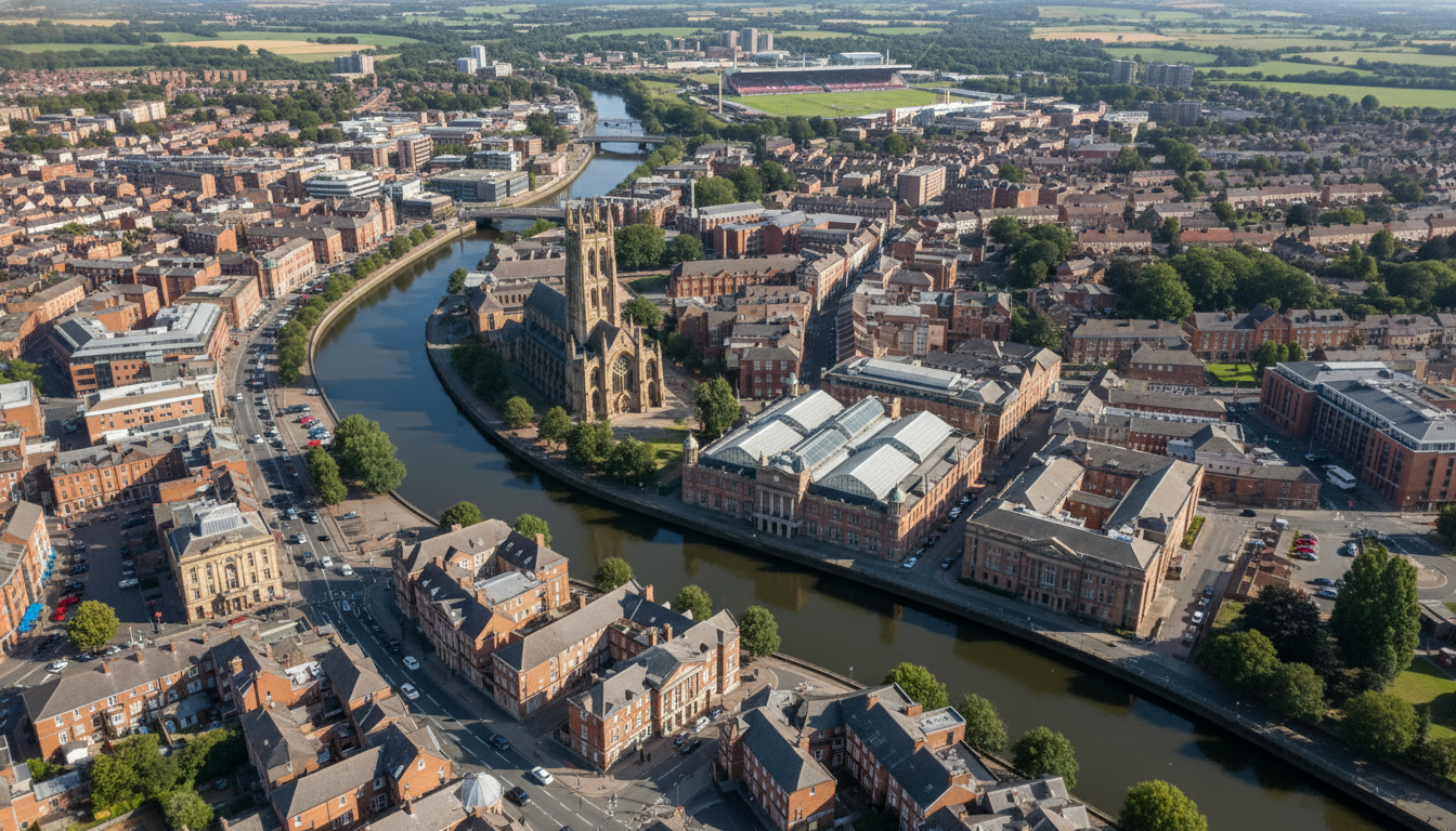 Doncaster, UK - aerial view showing the town center and local architecture
