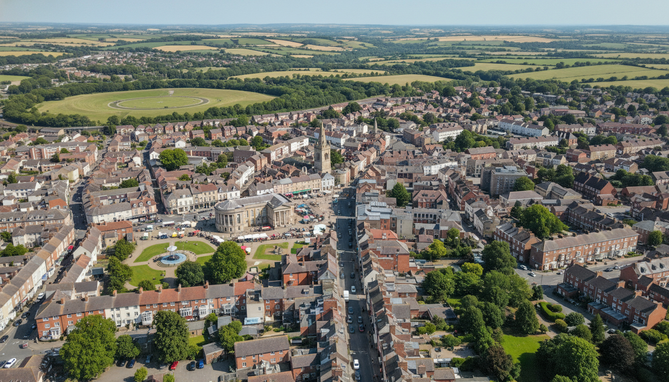 Dorchester, UK - aerial view showing the town center and local architecture