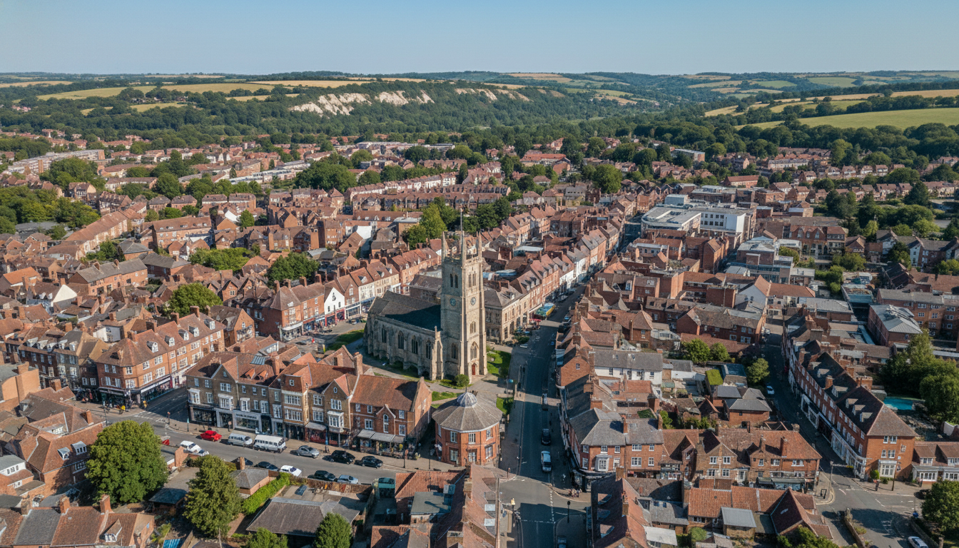 Dorking, UK - aerial view showing the town center and local architecture