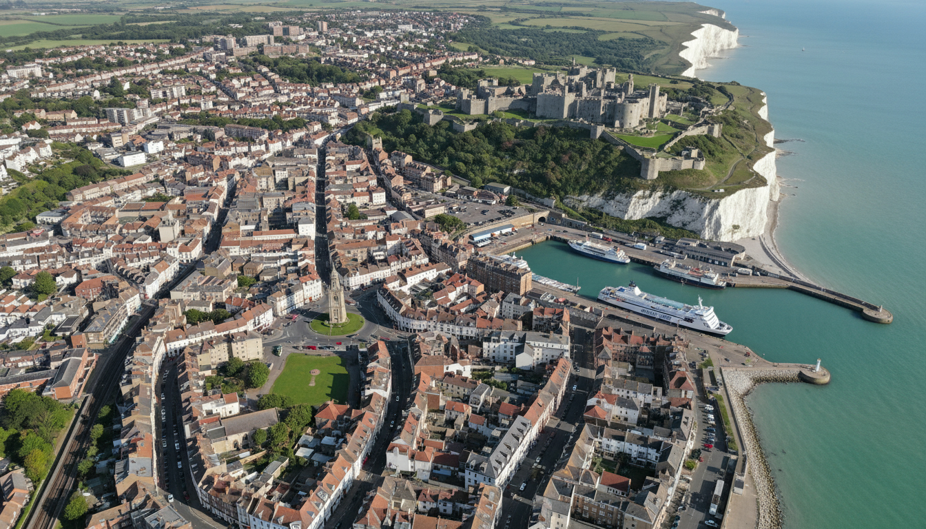 Dover, UK - aerial view showing the town center and local architecture