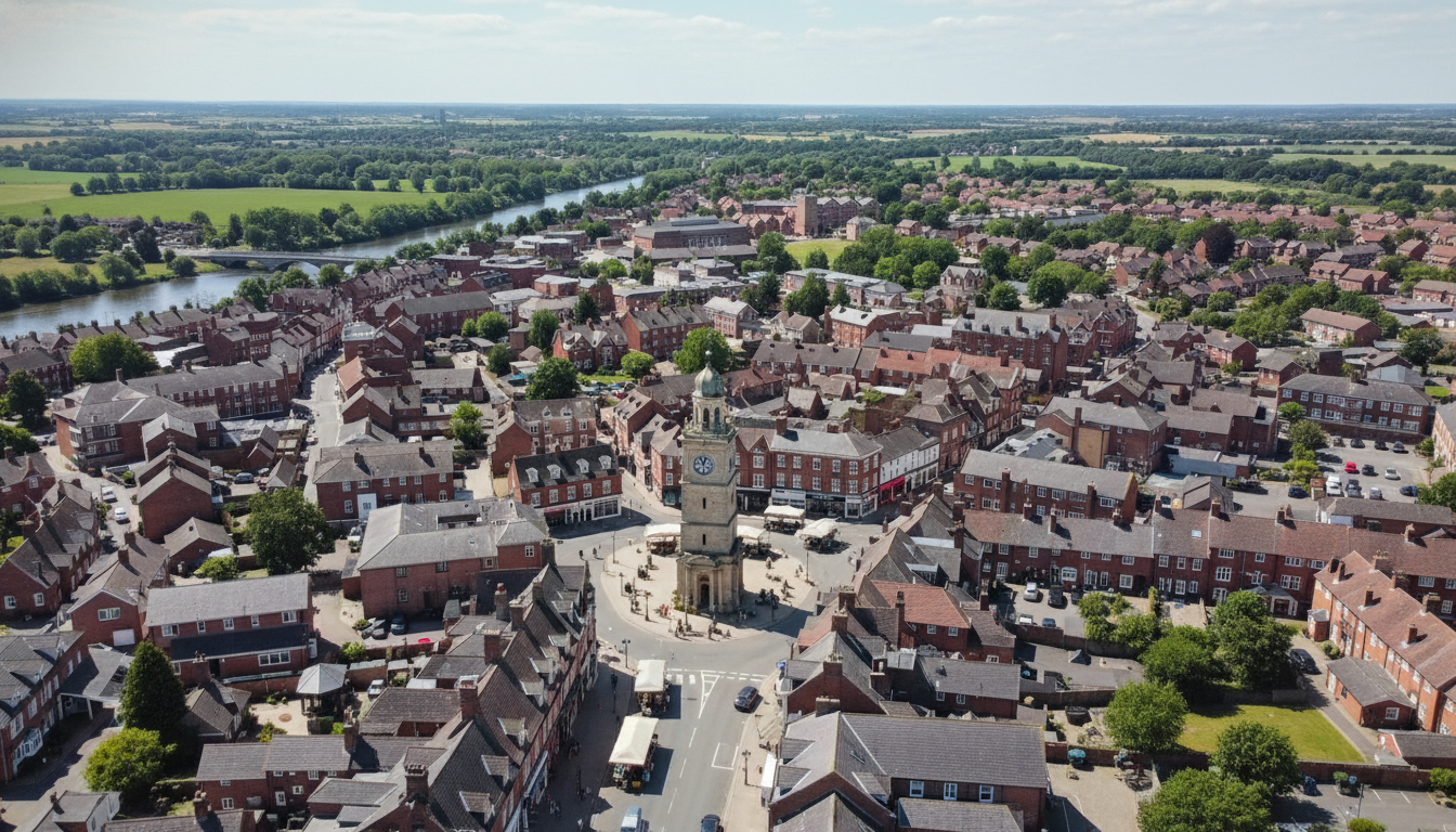 Downham Market, UK - aerial view showing the town center and local architecture