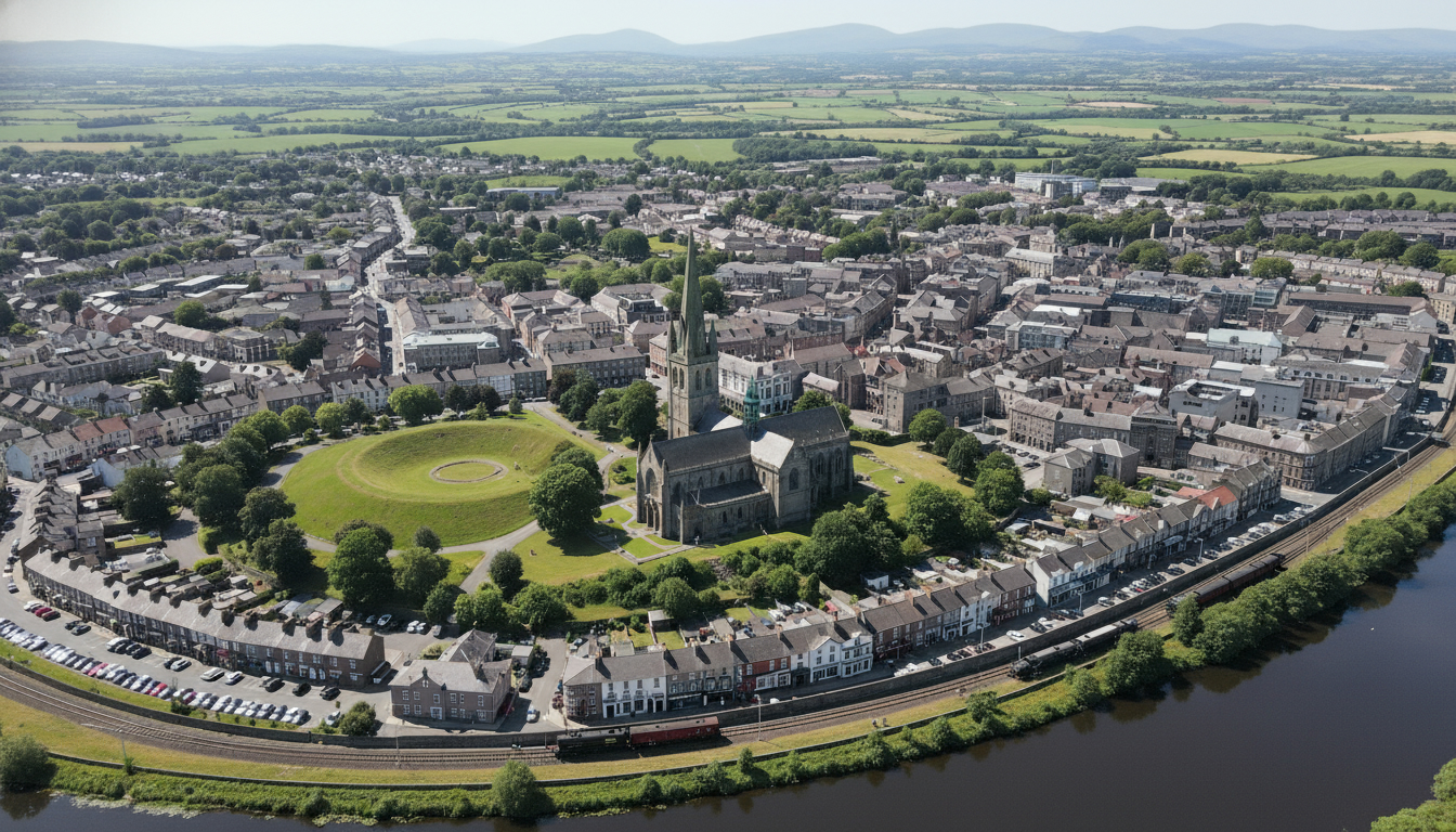 Downpatrick, UK - aerial view showing the town center and local architecture