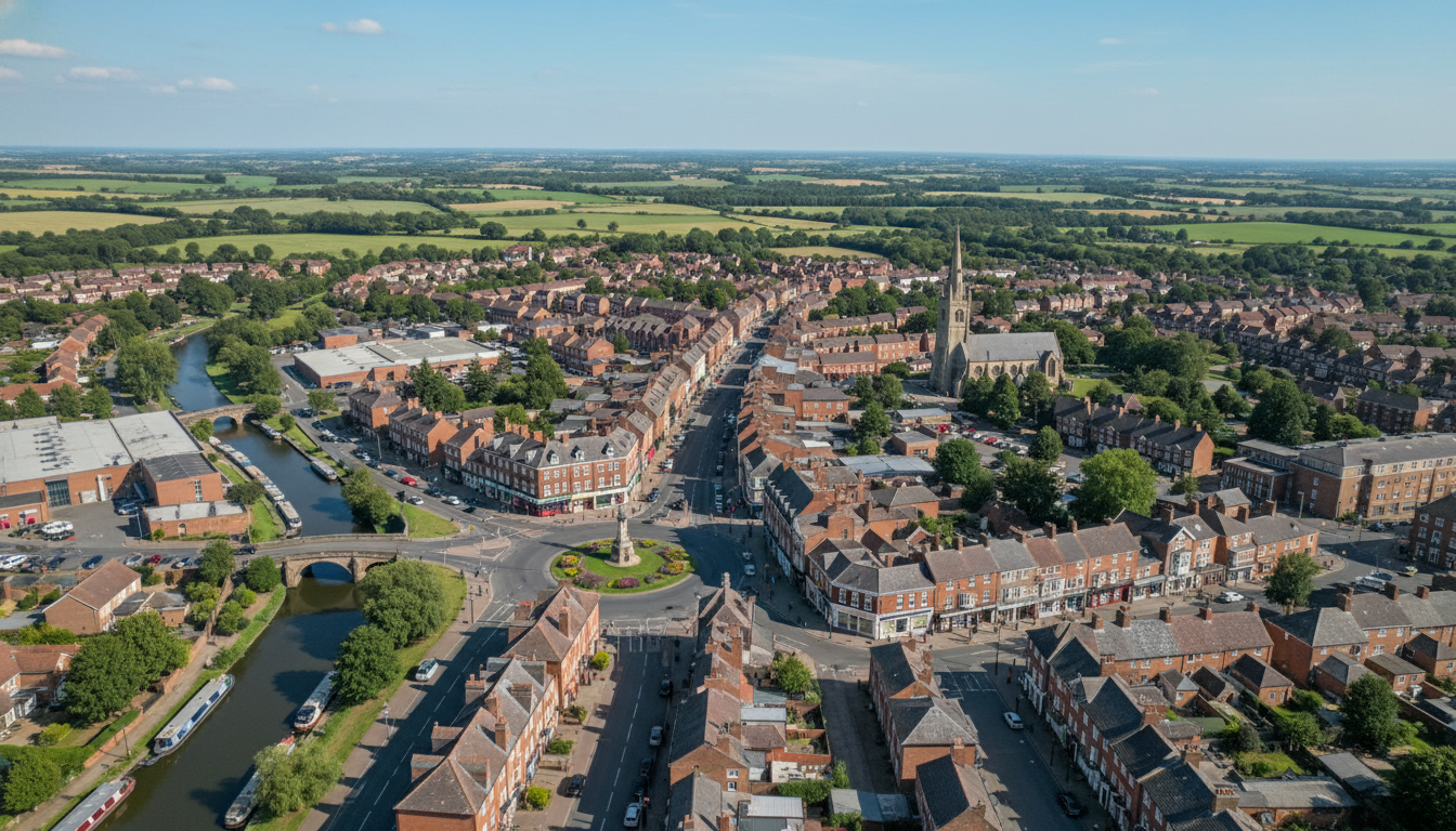 Driffield, UK - aerial view showing the town center and local architecture