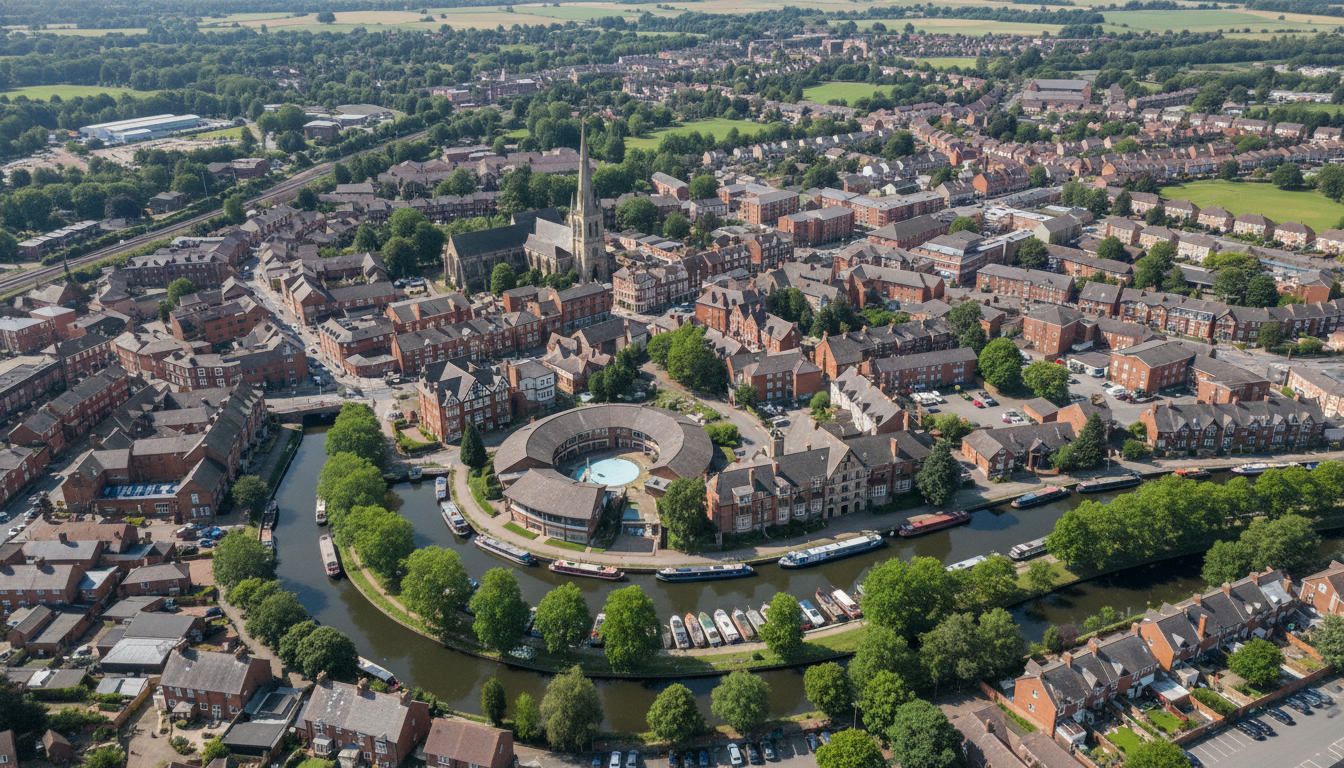 Droitwich, UK - aerial view showing the town center and local architecture