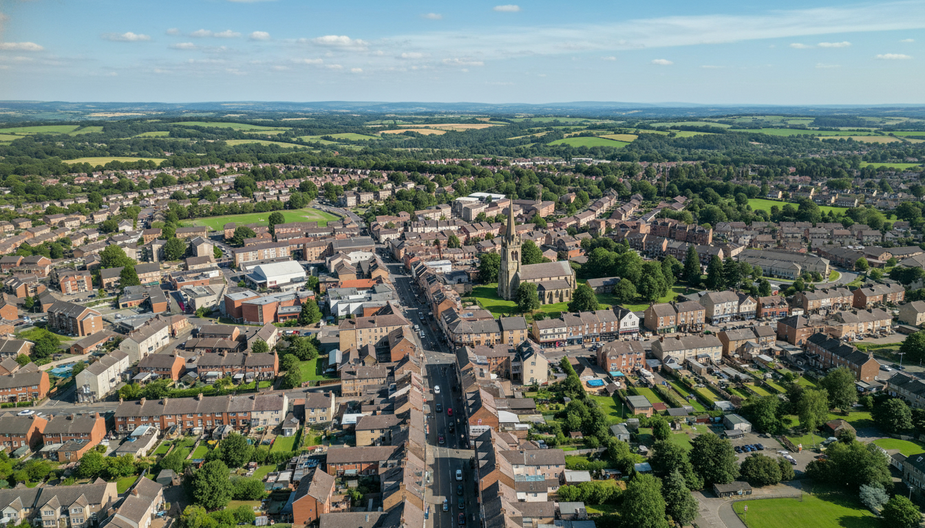 Dronfield, UK - aerial view showing the town center and local architecture