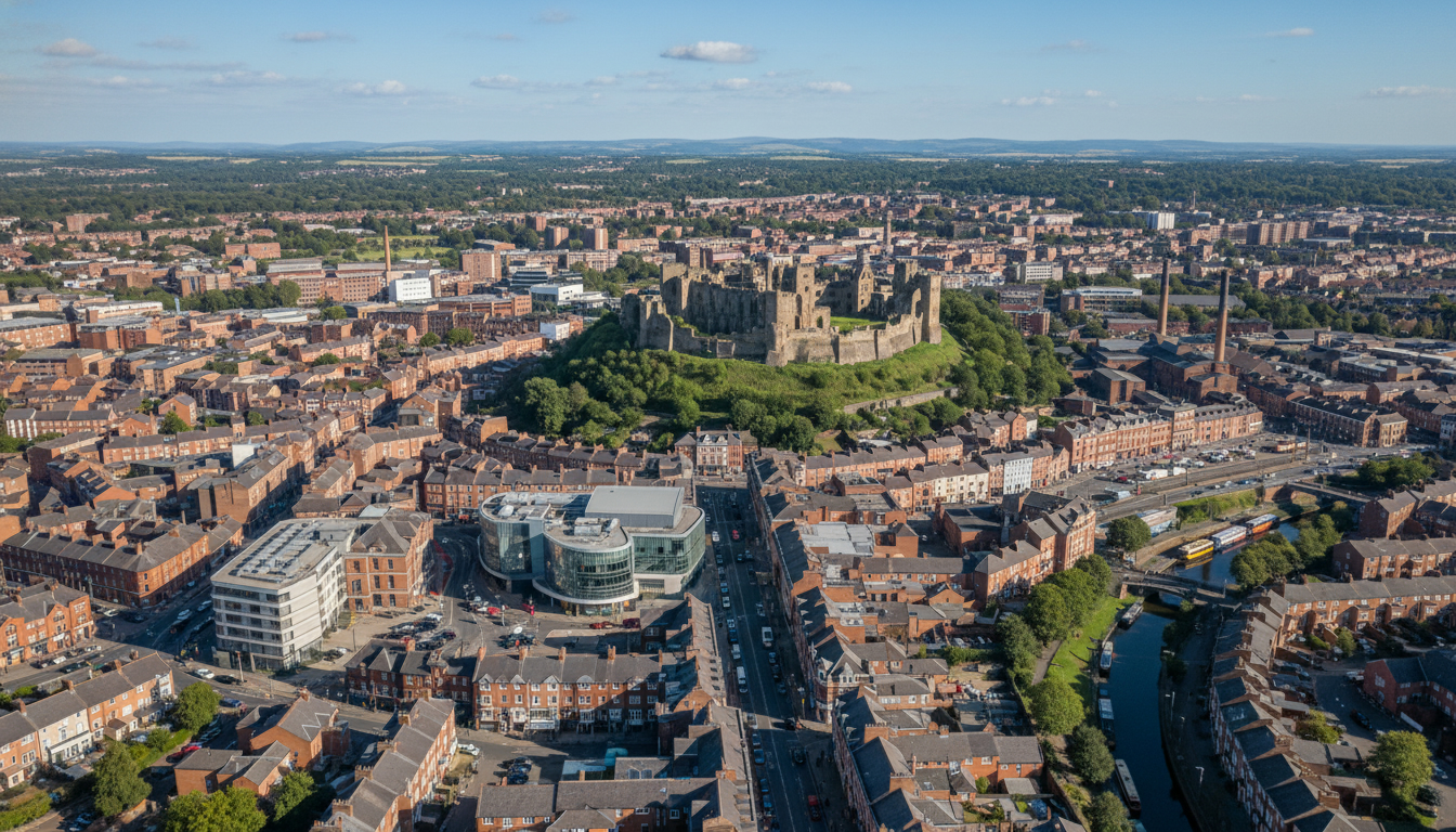 Dudley, UK - aerial view showing the town center and local architecture