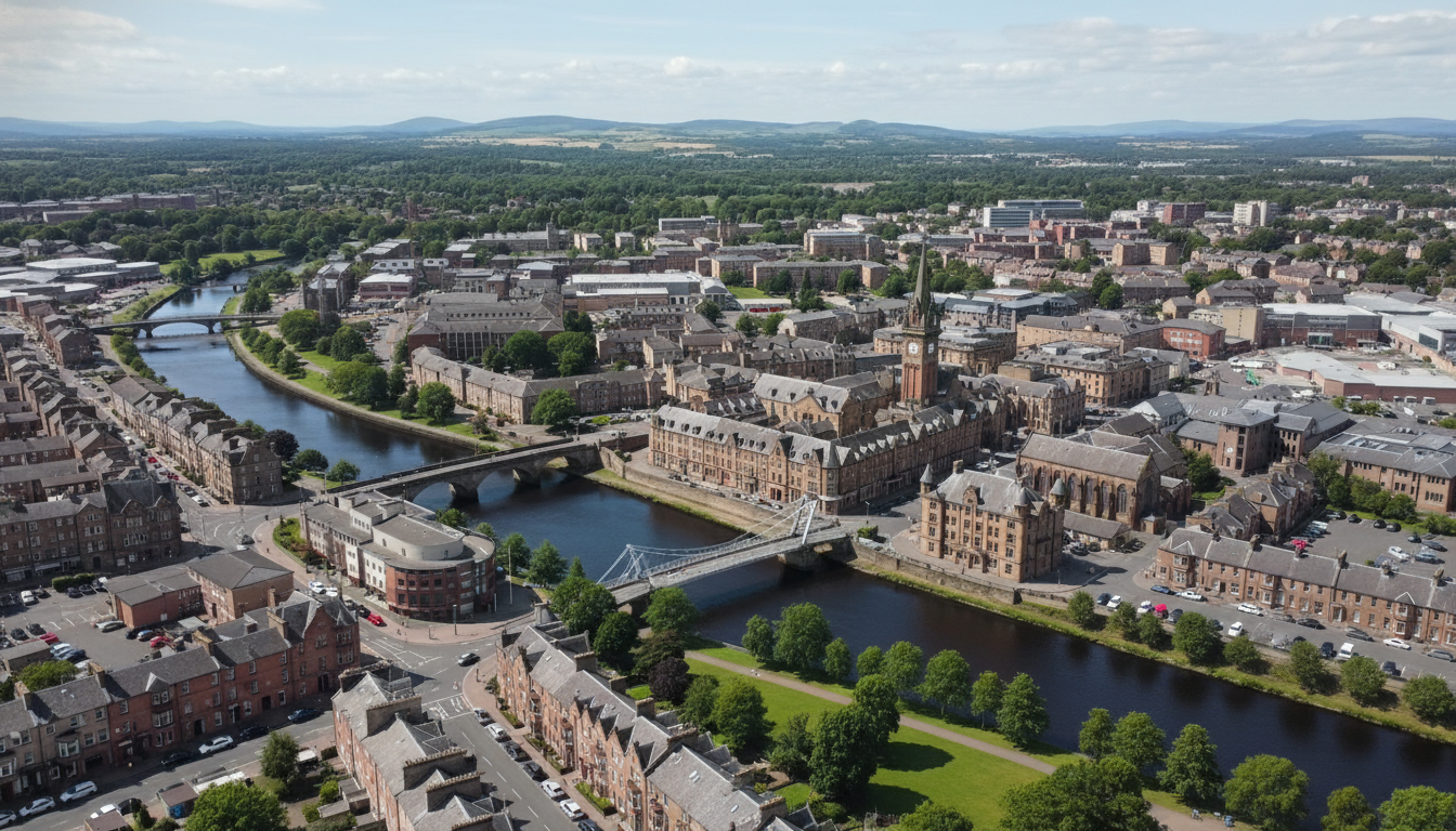 Dumfries, UK - aerial view showing the town center and local architecture