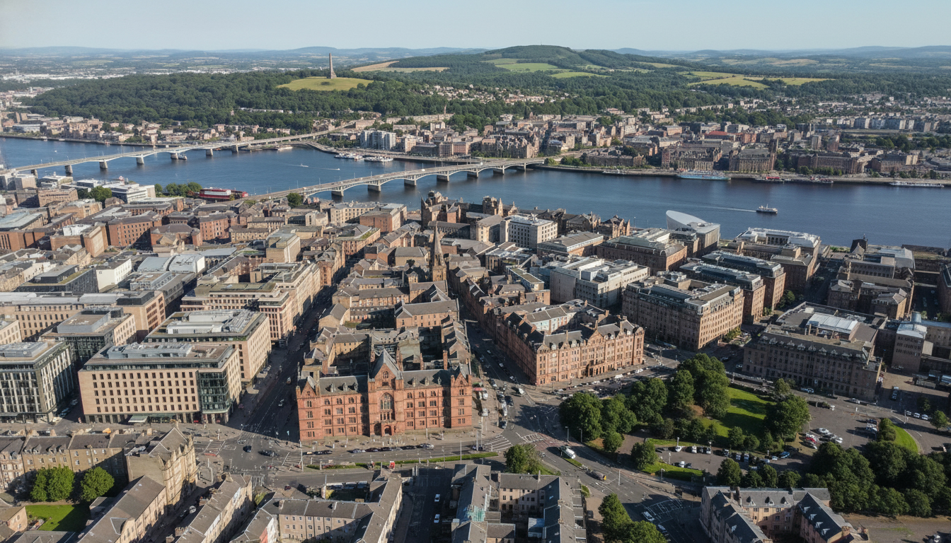 Dundee, UK - aerial view showing the town center and local architecture