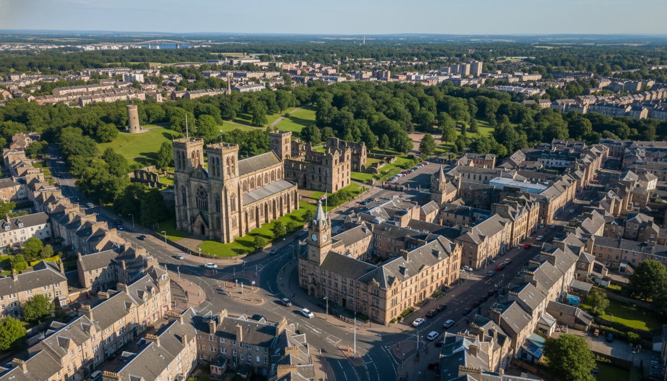 Dunfermline, UK - aerial view showing the town center and local architecture