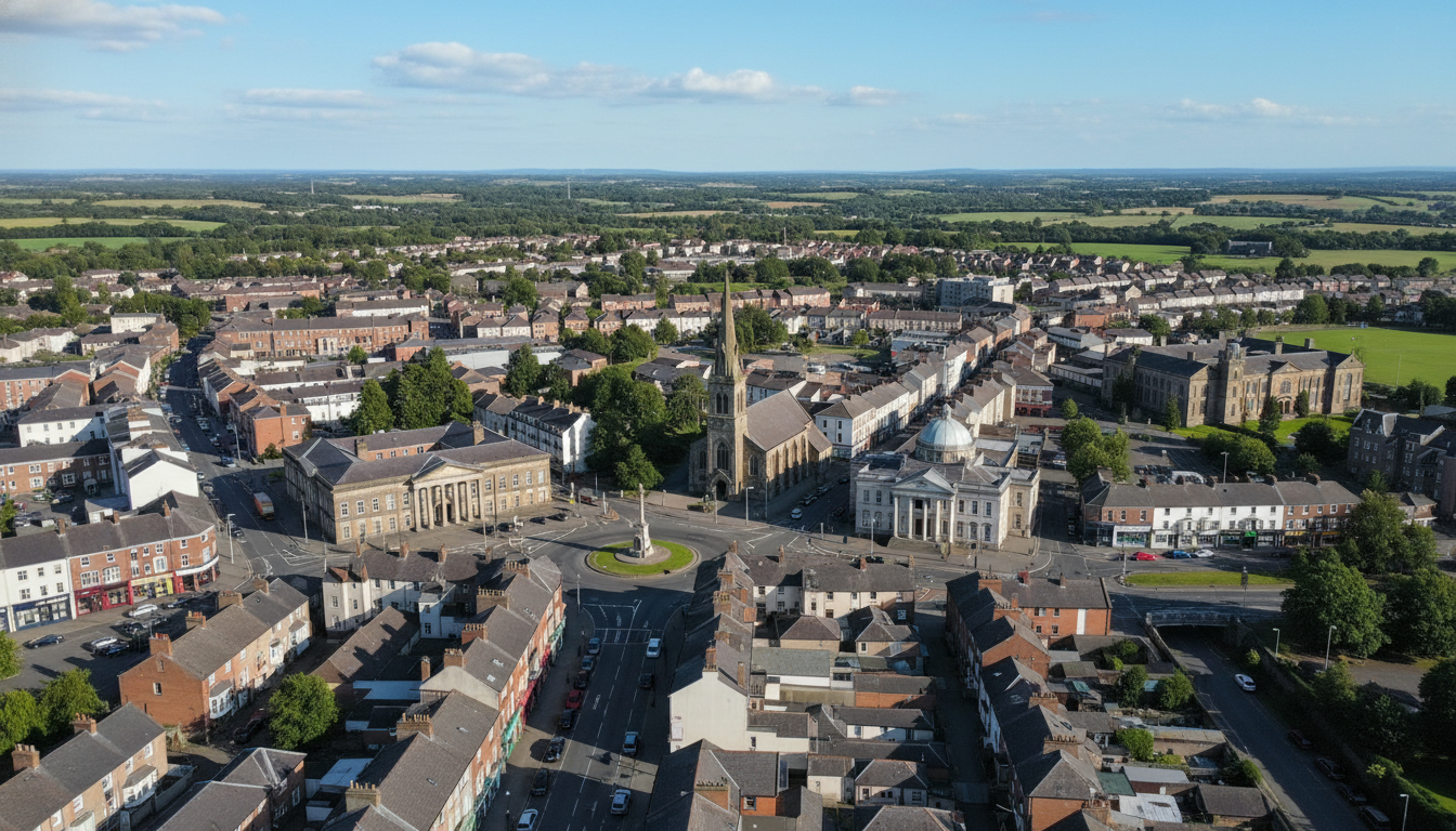 Dungannon, UK - aerial view showing the town center and local architecture