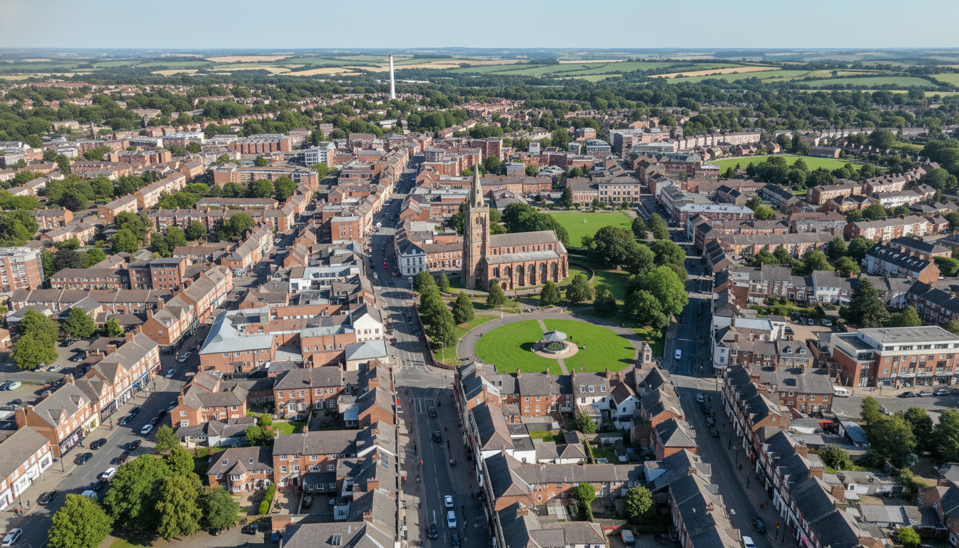 Dunstable, UK - aerial view showing the town center and local architecture