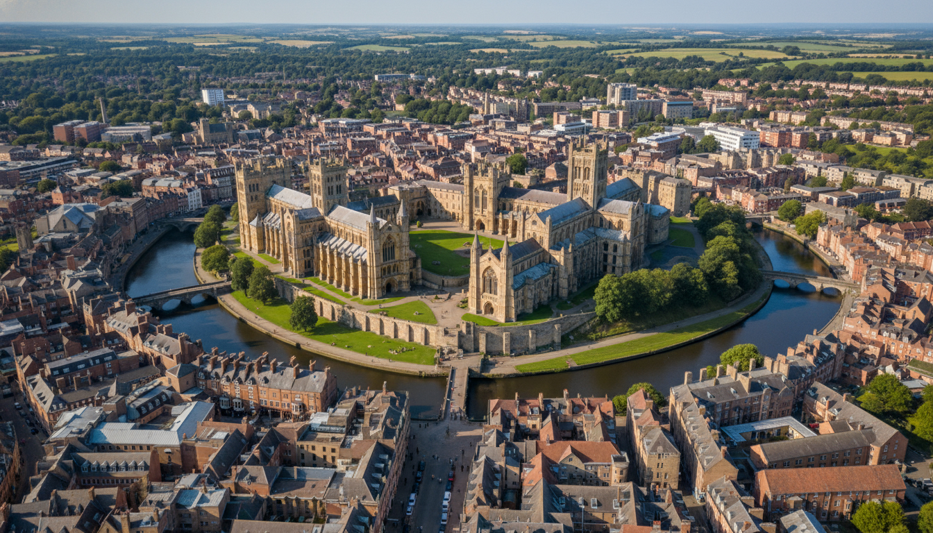 Durham, UK - aerial view showing the town center and local architecture