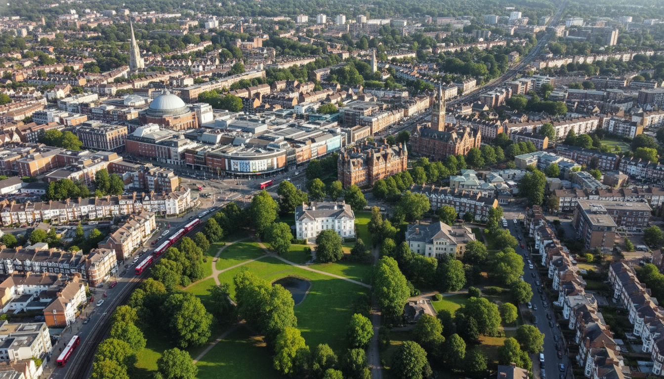 Ealing, UK - aerial view showing the town center and local architecture