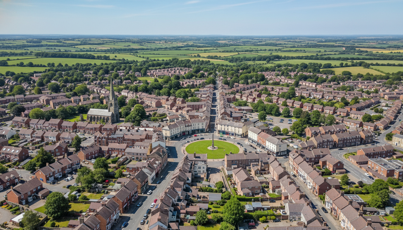 Easingwold, UK - aerial view showing the town center and local architecture
