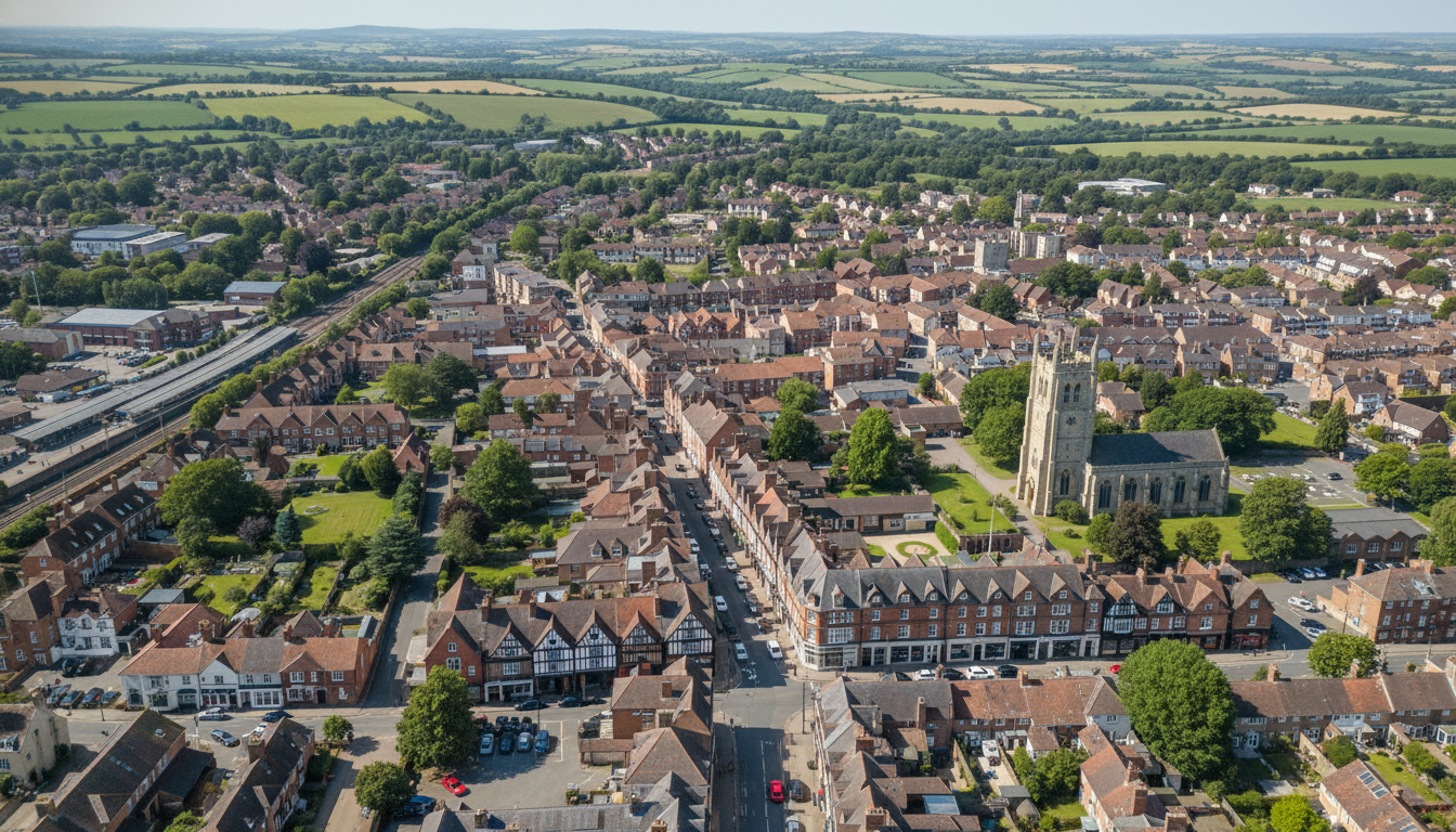 East Grinstead, UK - aerial view showing the town center and local architecture