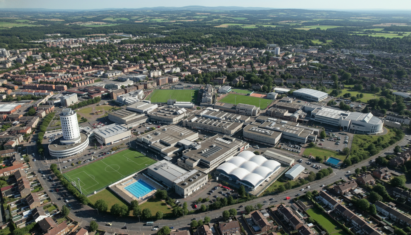 East Kilbride, UK - aerial view showing the town center and local architecture