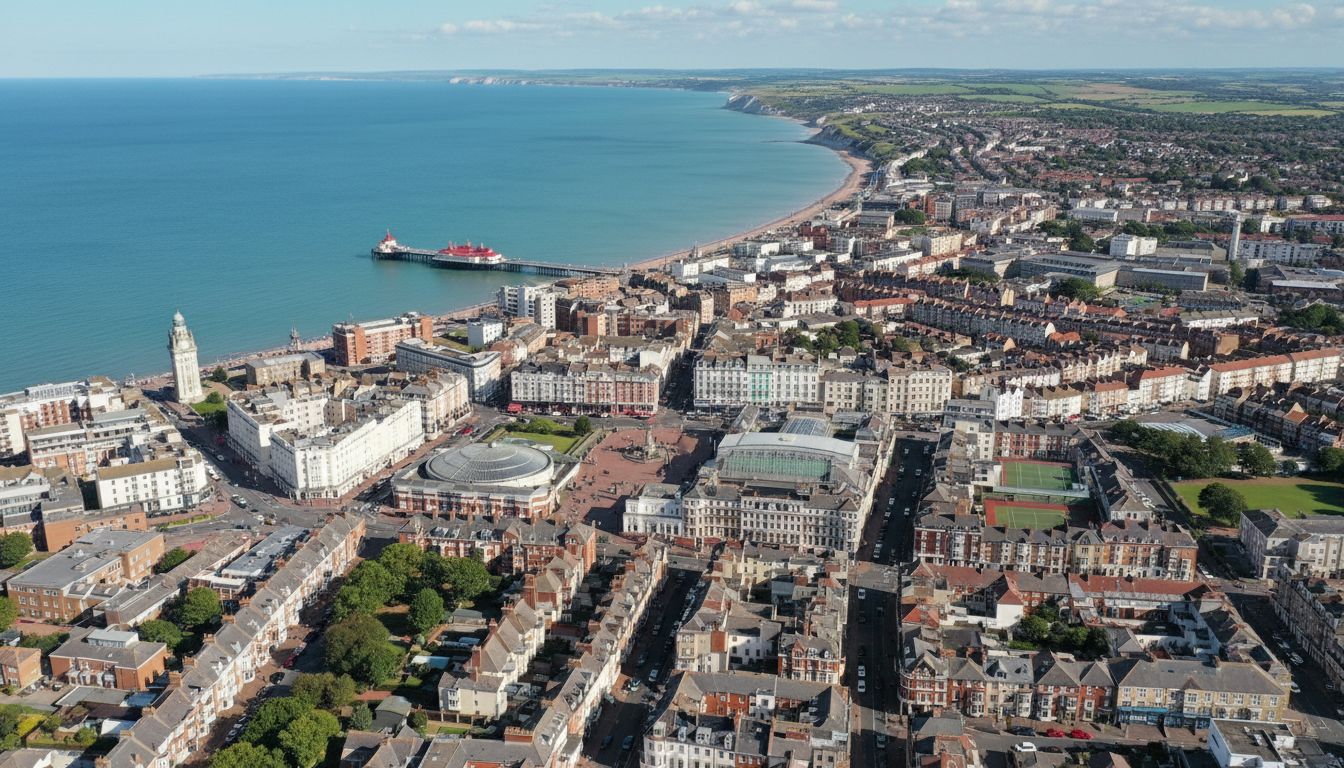 Eastbourne, UK - aerial view showing the town center and local architecture