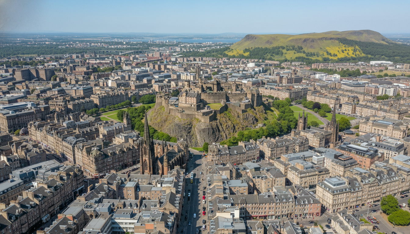 Edinburgh, UK - aerial view showing the town center and local architecture