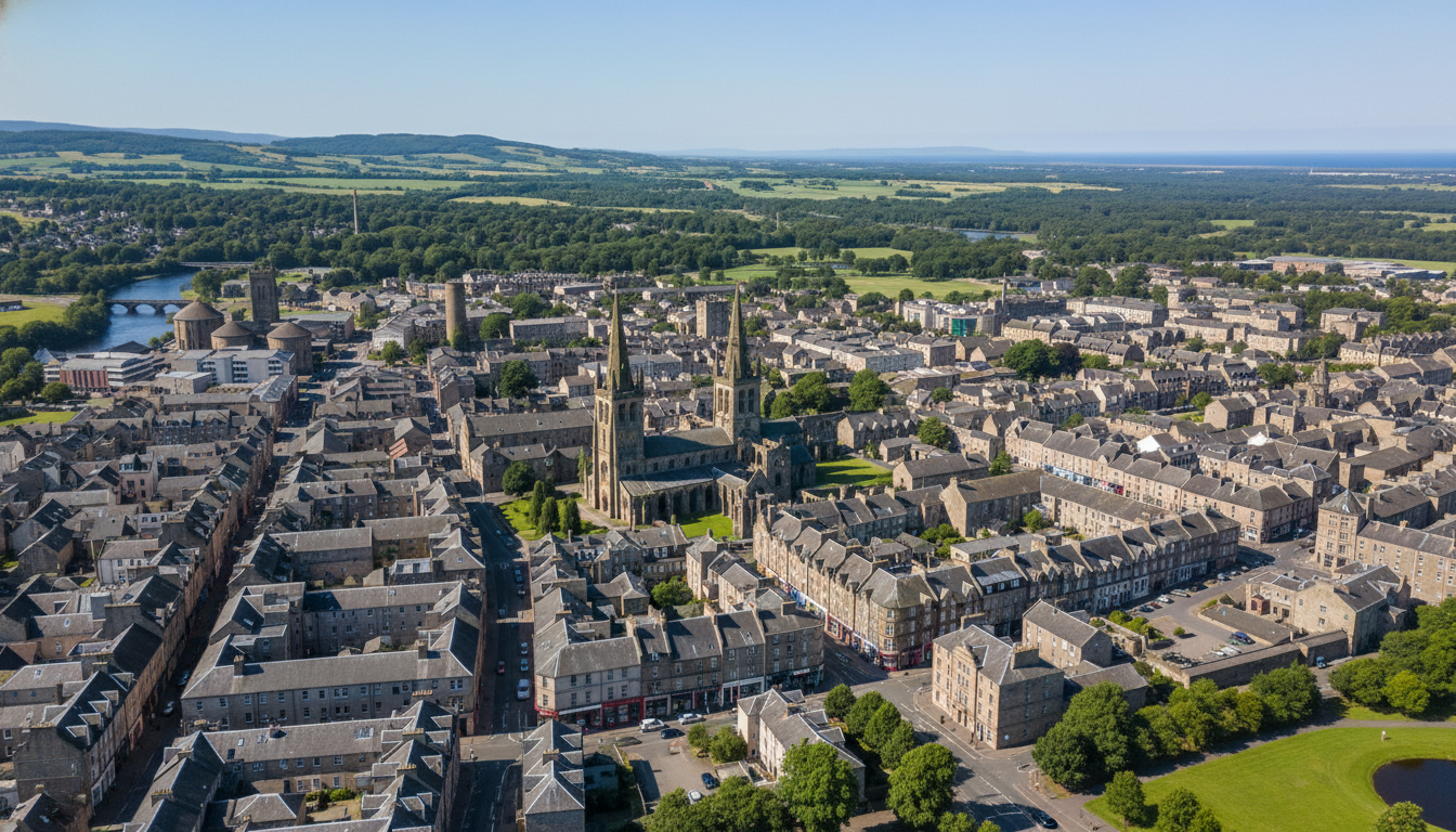 Elgin, UK - aerial view showing the town center and local architecture