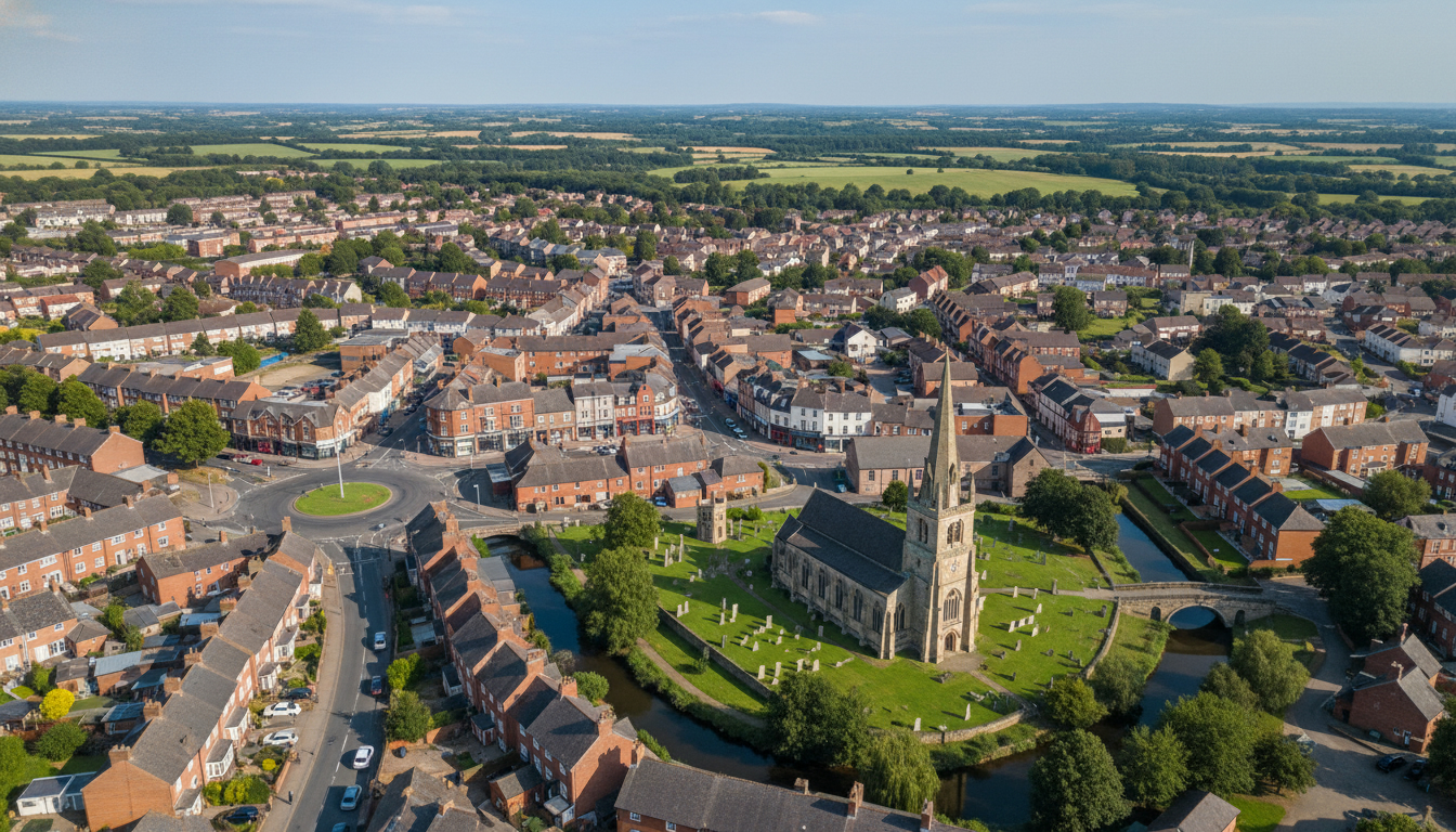 Enderby, UK - aerial view showing the town center and local architecture
