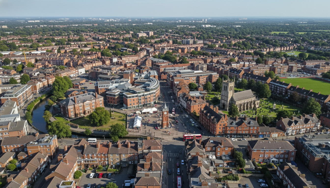 Enfield, UK - aerial view showing the town center and local architecture