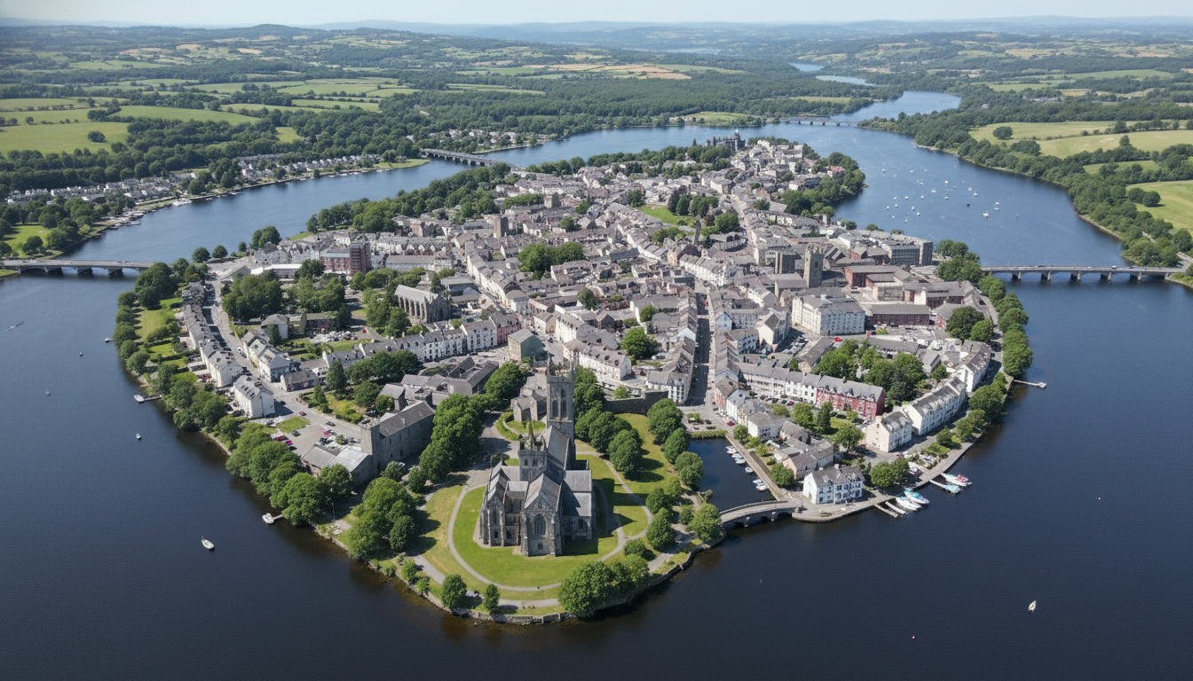 Enniskillen, UK - aerial view showing the town center and local architecture