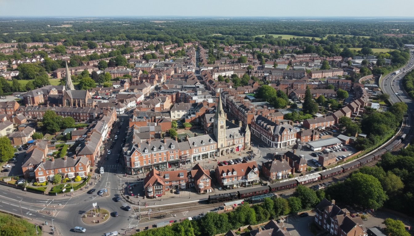 Epping, UK - aerial view showing the town center and local architecture