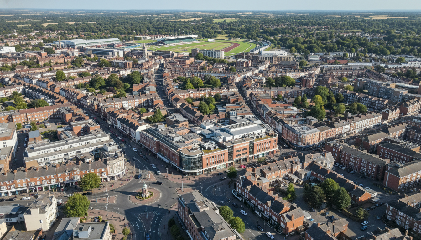 Epsom, UK - aerial view showing the town center and local architecture