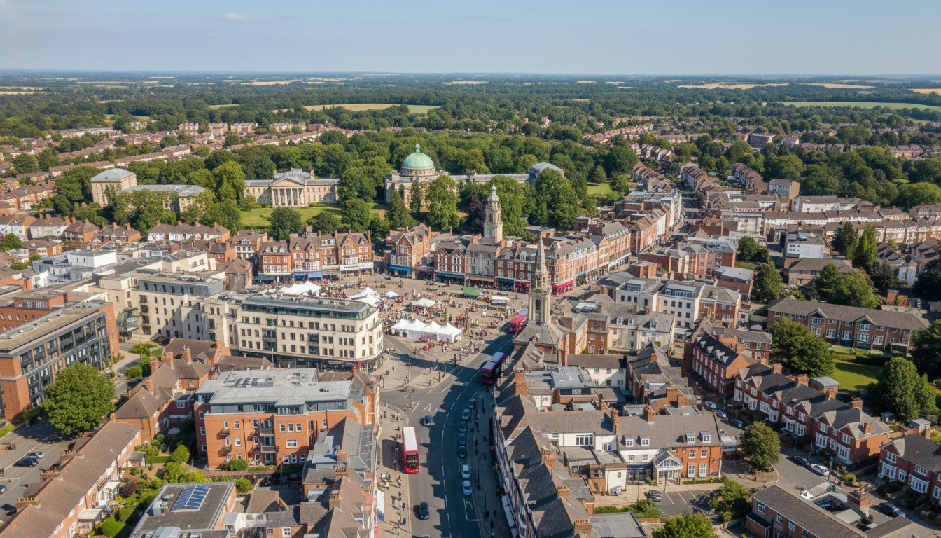 Esher, UK - aerial view showing the town center and local architecture