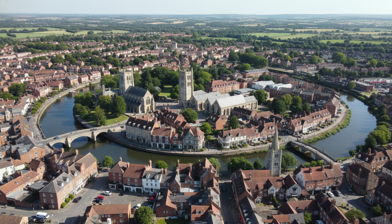 Evesham, UK - aerial view showing the town center and local architecture
