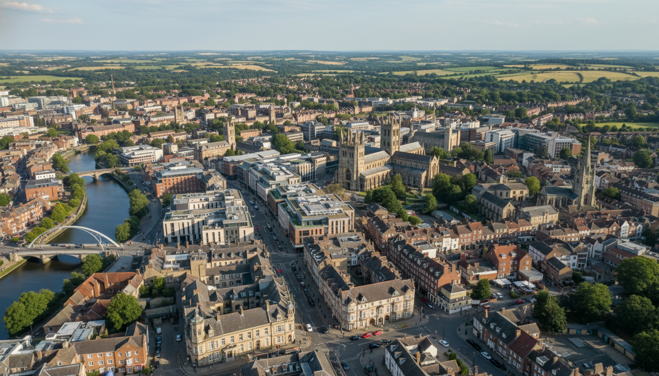 Exeter, UK - aerial view showing the town center and local architecture