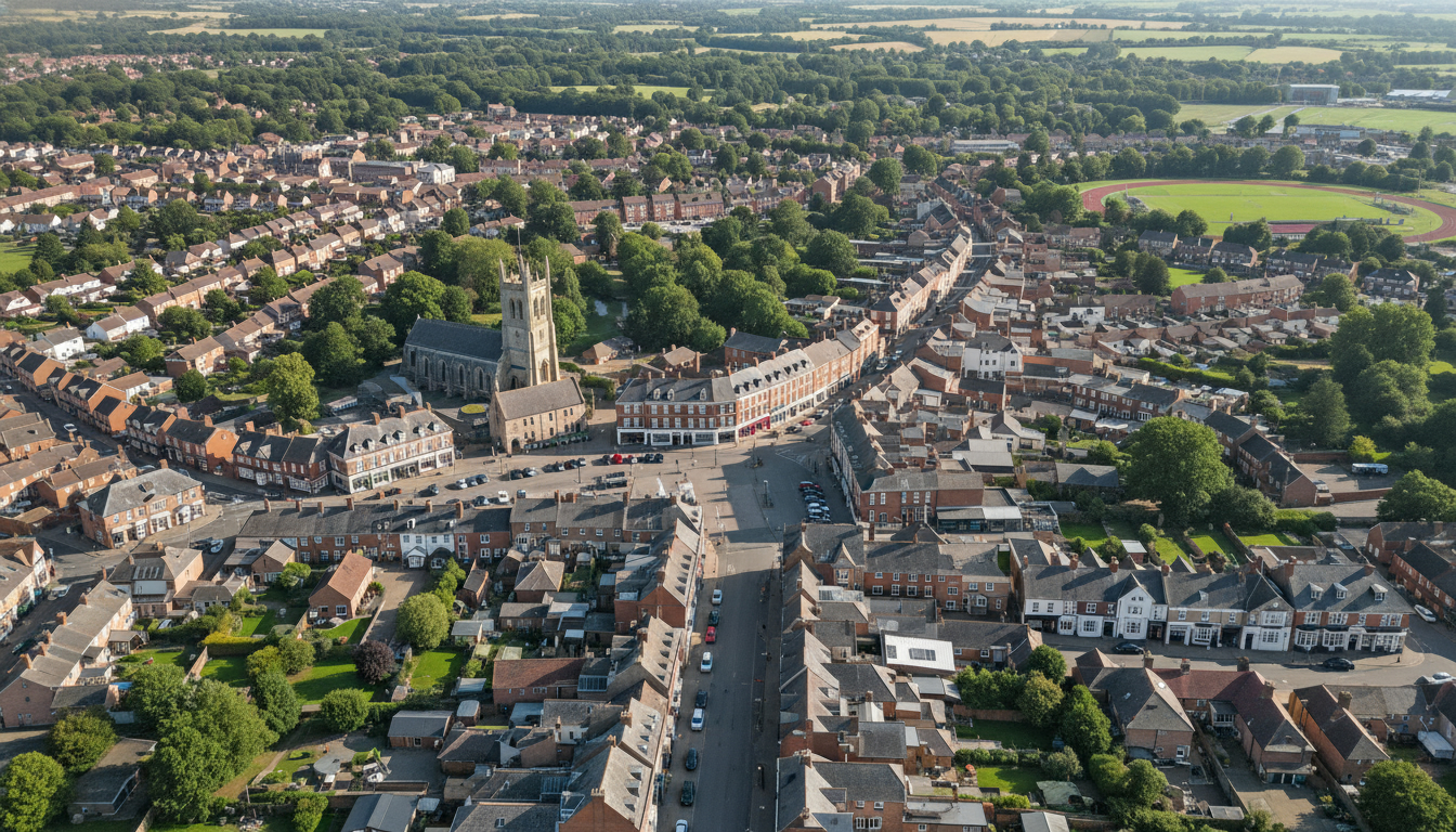 Fakenham, UK - aerial view showing the town center and local architecture