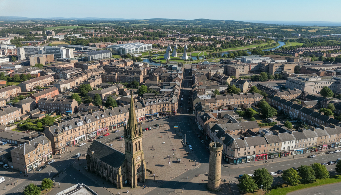 Falkirk, UK - aerial view showing the town center and local architecture