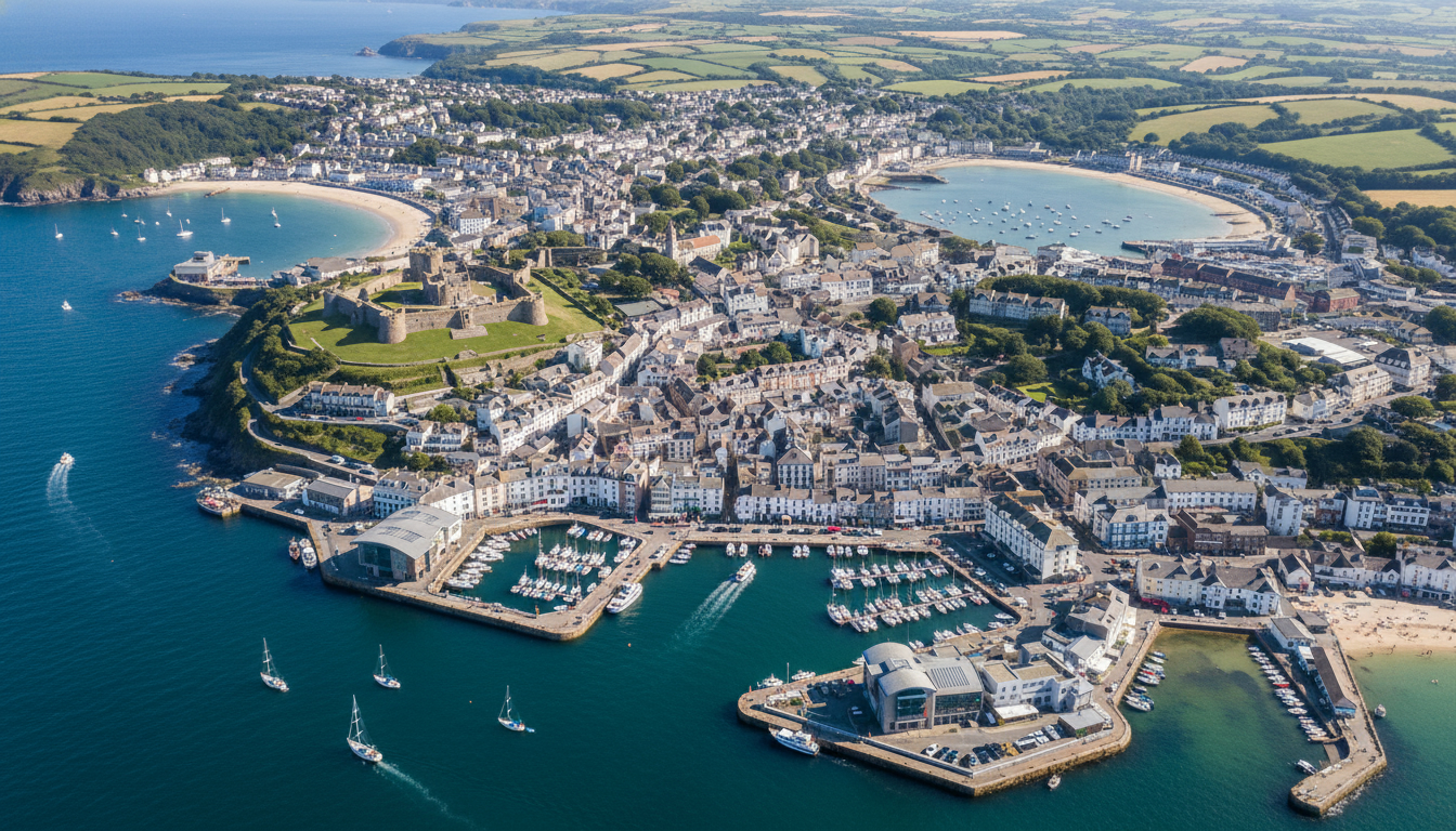 Falmouth, UK - aerial view showing the town center and local architecture