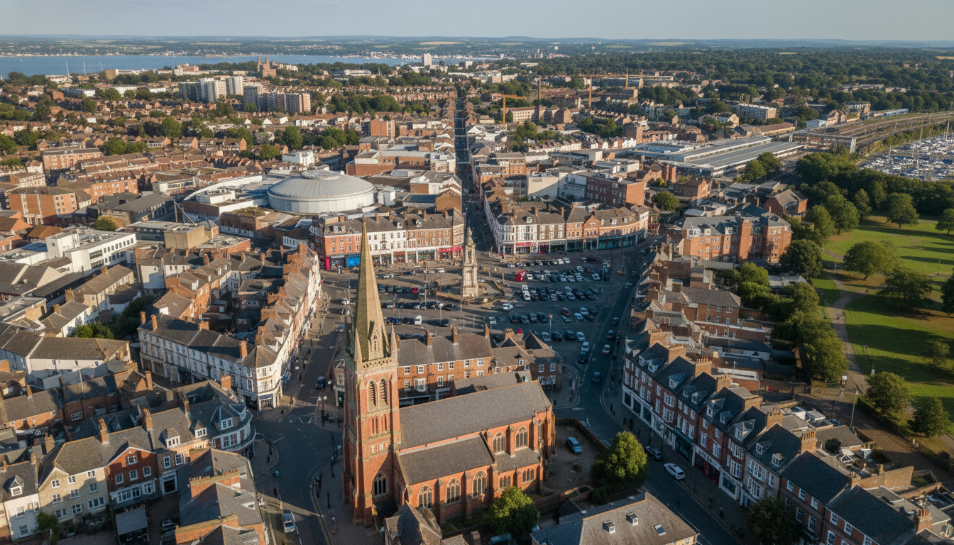 Fareham, UK - aerial view showing the town center and local architecture