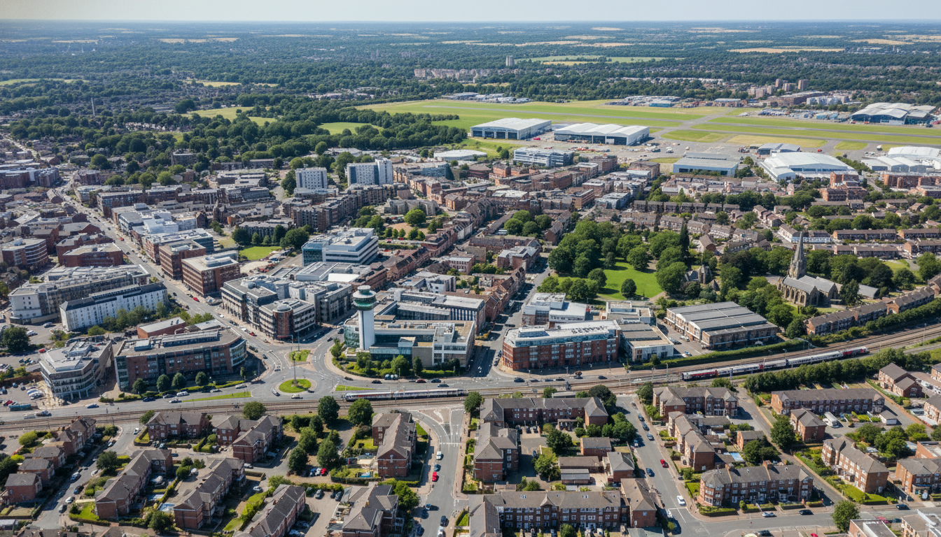 Farnborough, UK - aerial view showing the town center and local architecture