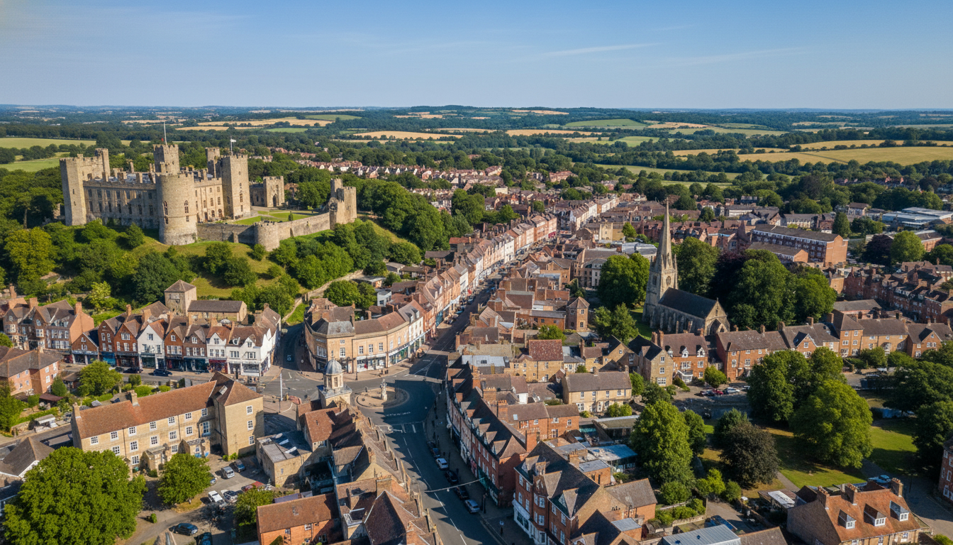 Farnham, UK - aerial view showing the town center and local architecture
