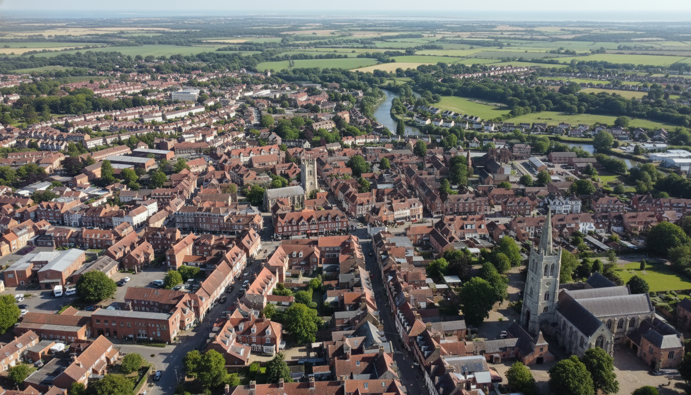 Faversham, UK - aerial view showing the town center and local architecture