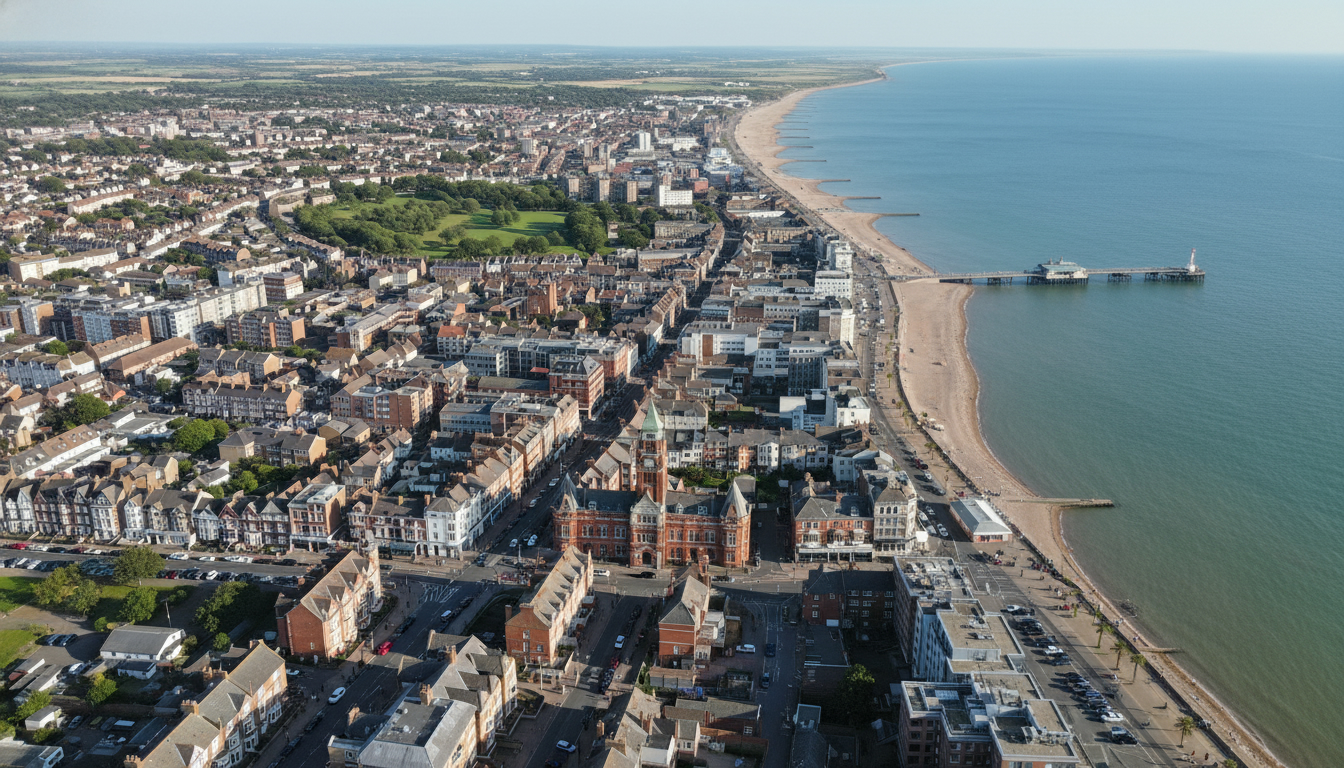 Felixstowe, UK - aerial view showing the town center and local architecture